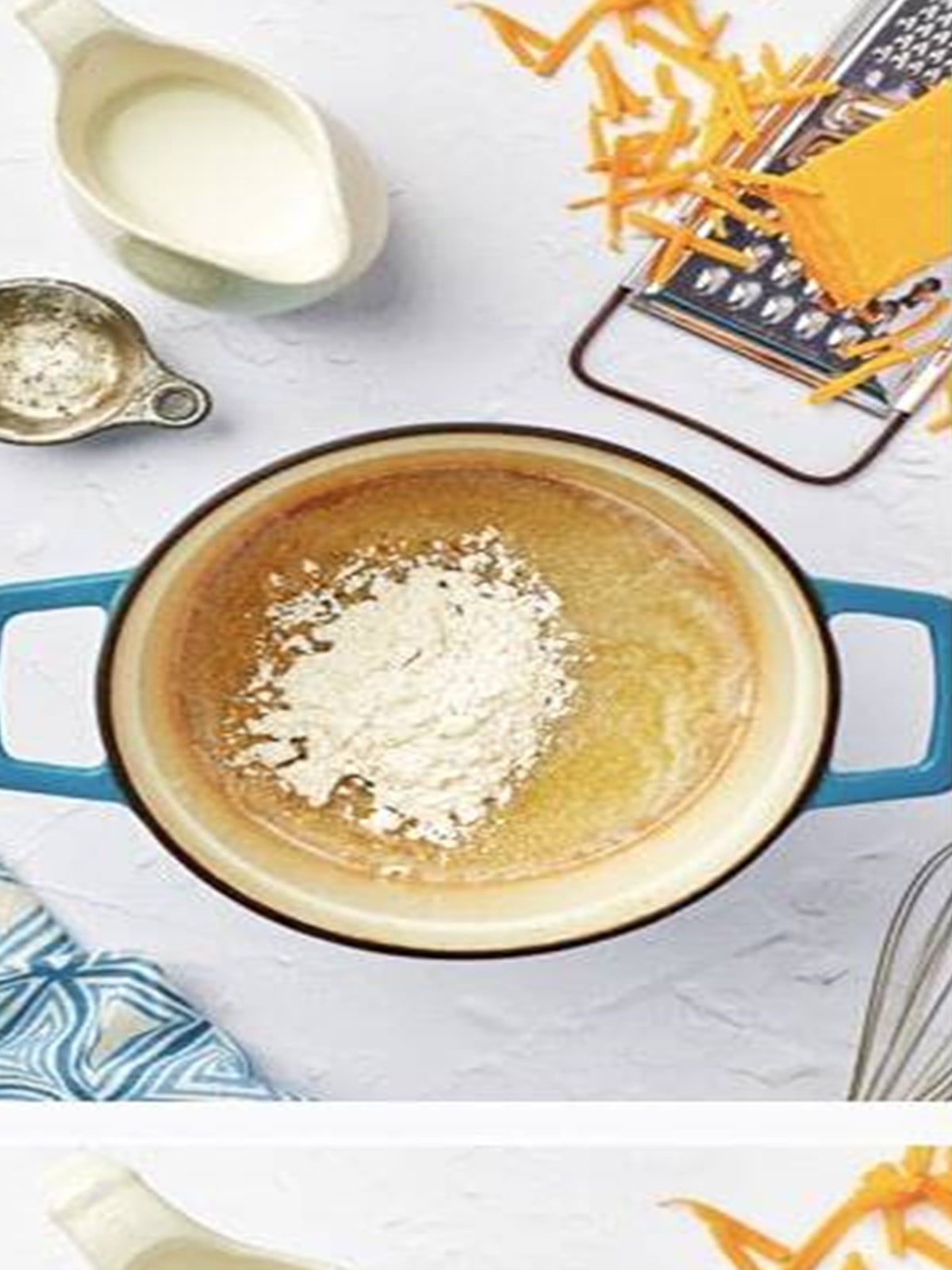 Butter and flour whisked into a roux with spices in a saucepan for nacho cheese sauce.