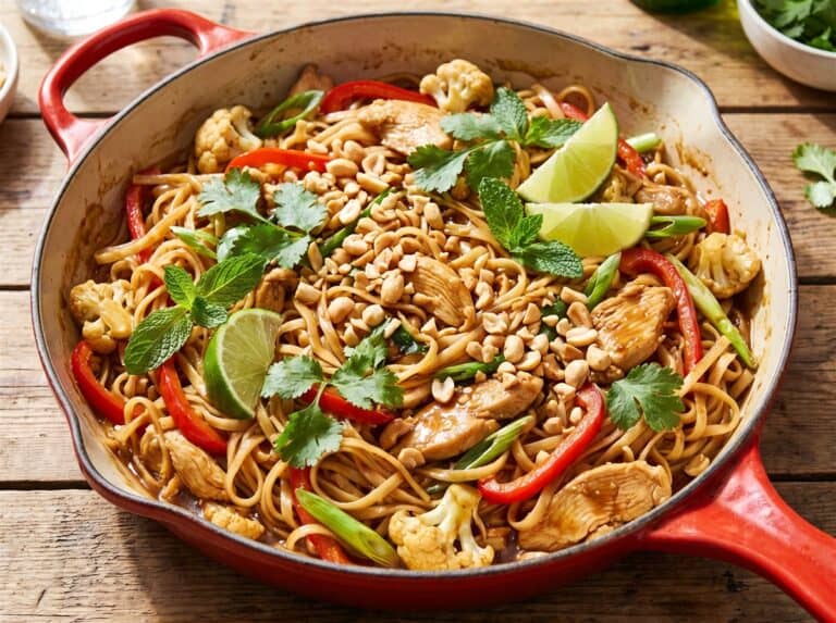 Chicken pad thai in a red skillet topped with peanuts, cilantro, mint, and lime wedges.