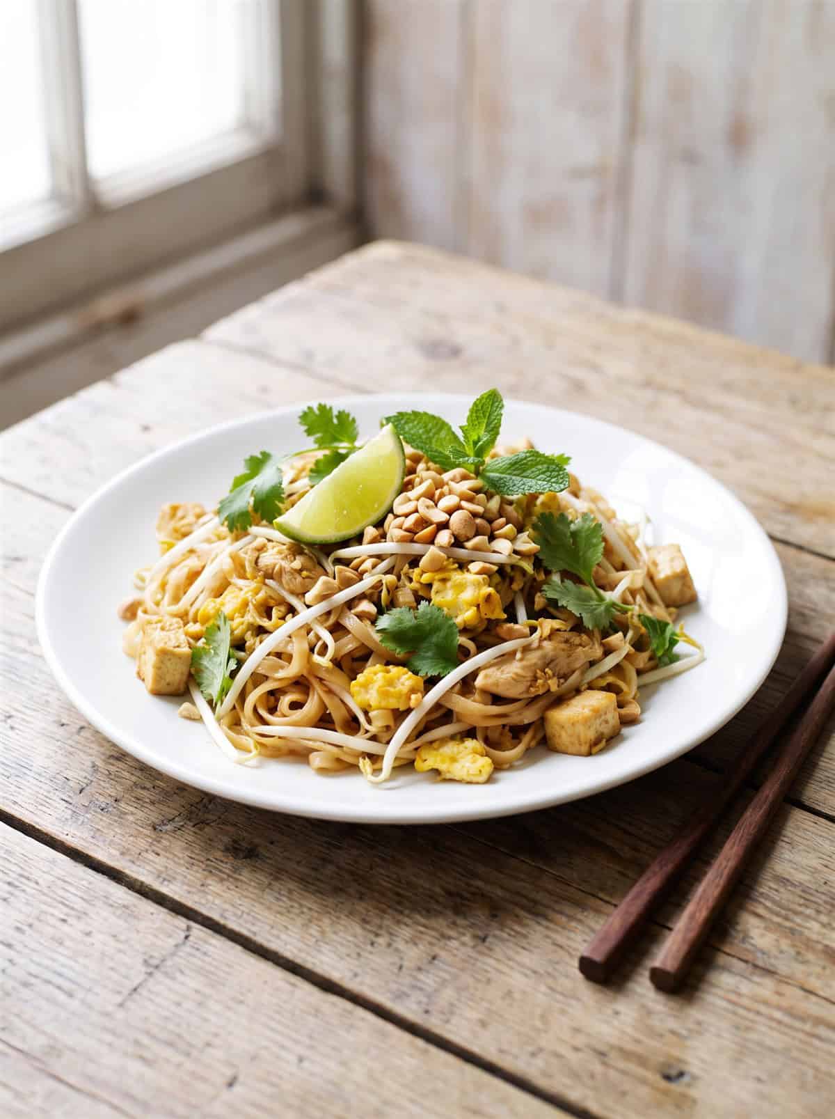 Chicken pad thai served on a white plate with chopsticks and a lime wedge.