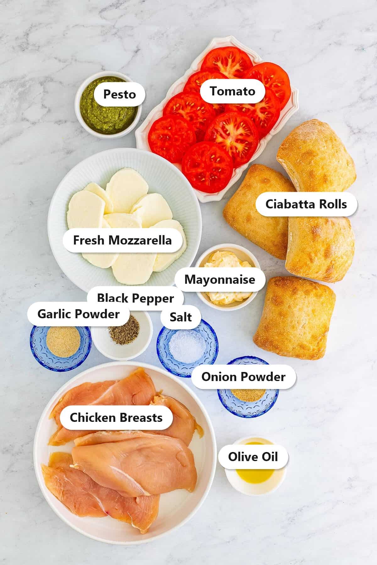 Labeled ingredients for chicken pesto sandwiches including chicken breasts, pesto, fresh mozzarella, tomato, ciabatta rolls, mayonnaise, and seasonings.
