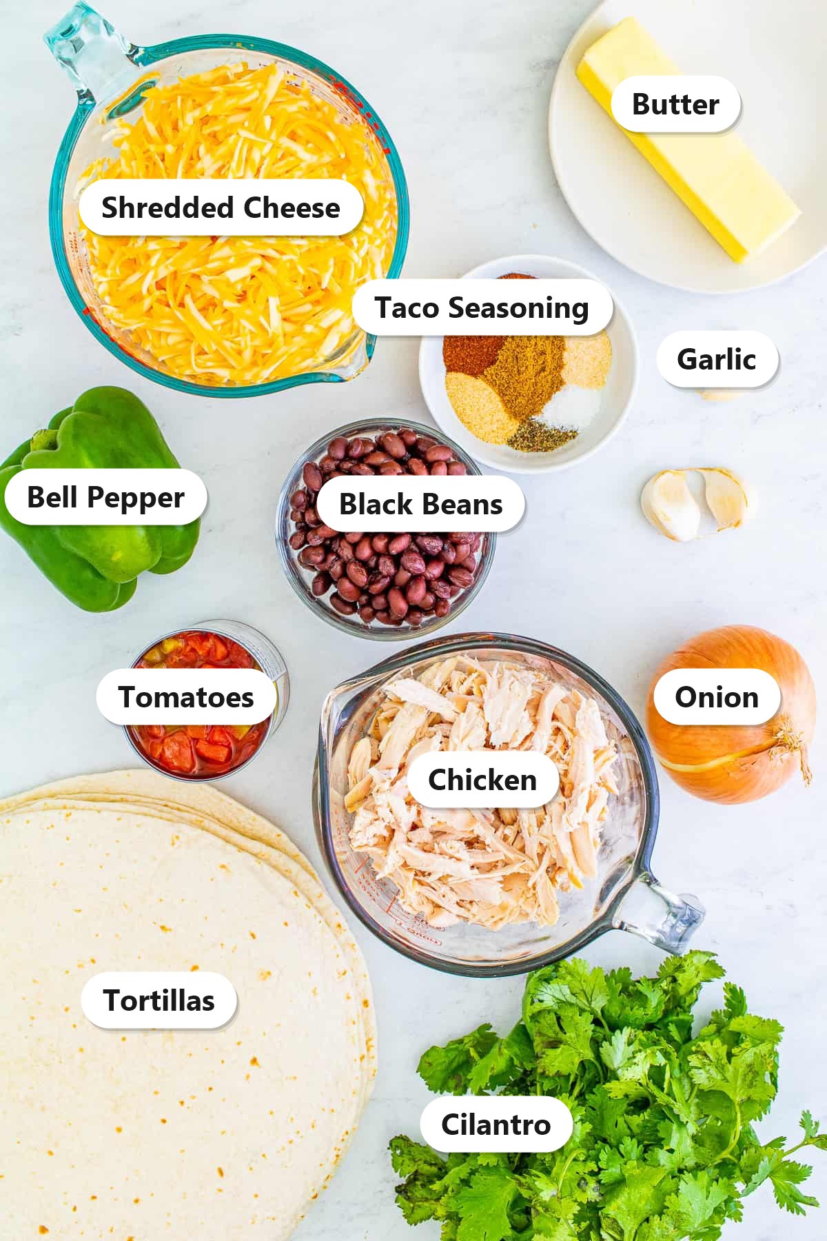 Labeled ingredients to make chicken quesadillas including shredded cheese, butter, taco seasoning, garlic, bell pepper, black beans, tomatoes, chicken, onion, tortillas, and cilantro.