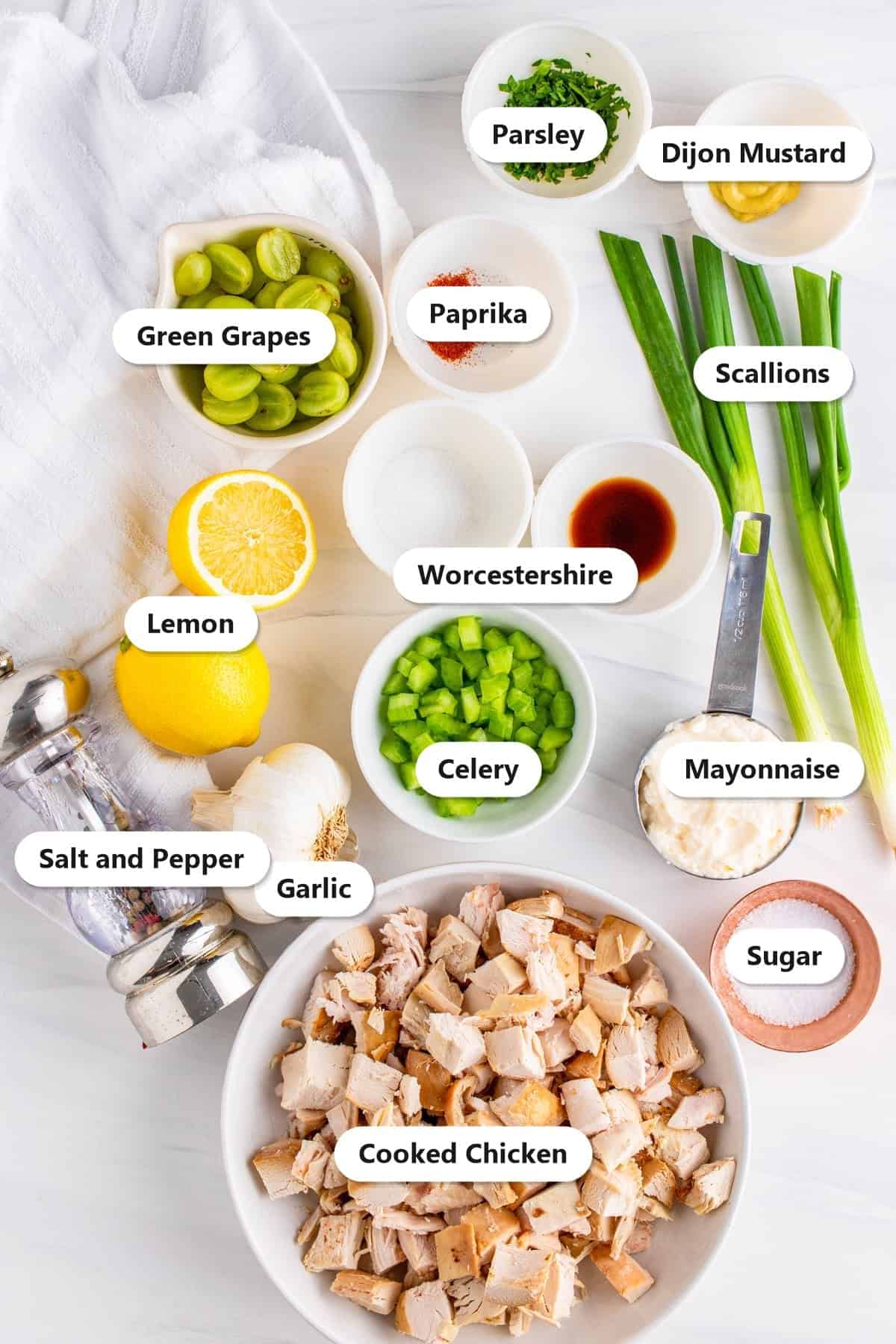 Labeled ingredients for chicken salad including cooked chicken, green grapes, celery, scallions, parsley, mayonnaise, lemon, dijon mustard, and seasonings.