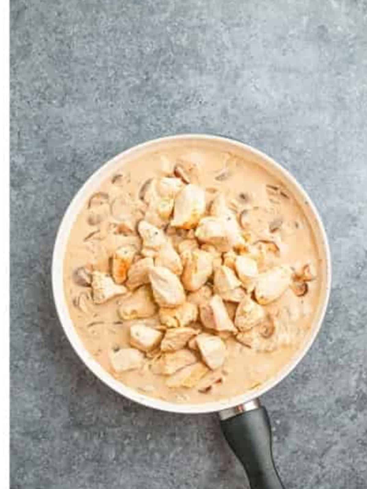Seared chicken returned to the creamy mushroom sauce for chicken stroganoff.