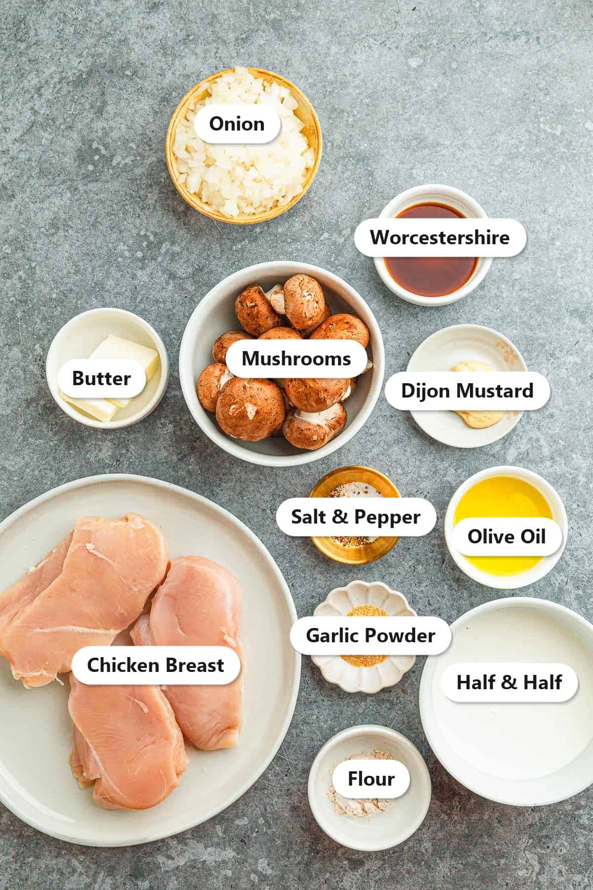 Labeled ingredients for chicken stroganoff including chicken breast, mushrooms, onion, butter, half and half, Dijon mustard, Worcestershire sauce, and flour.