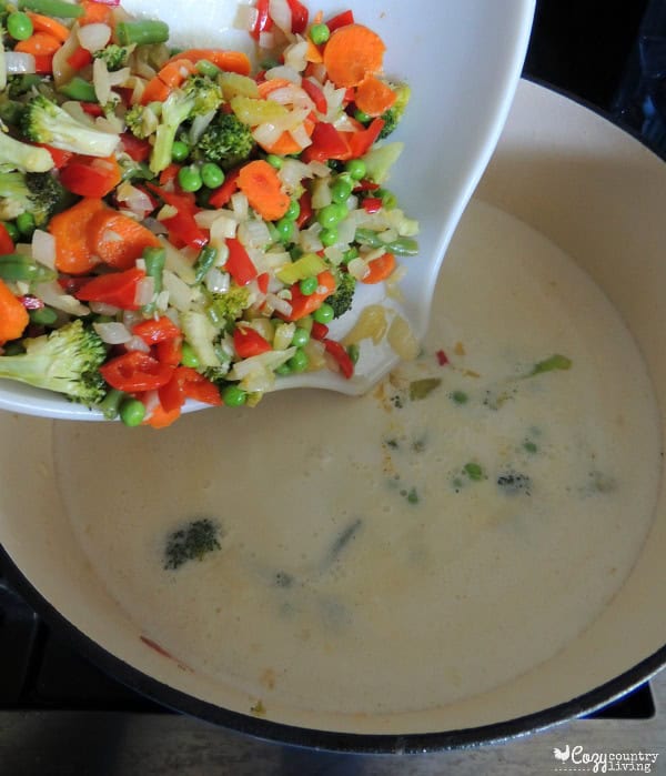 Sauteed vegetables stirred back into the cheesy soup.