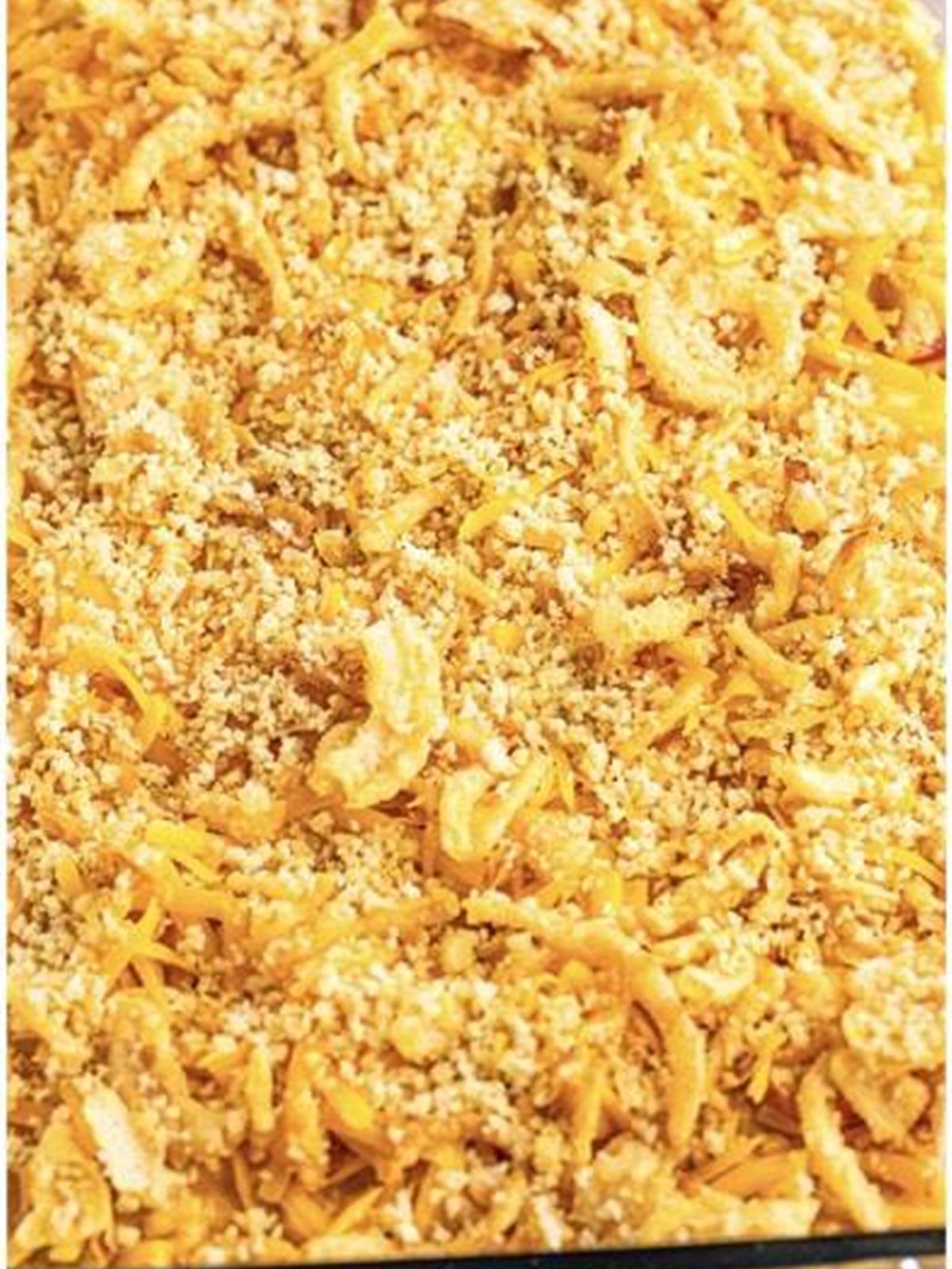 Crispy fried onion and panko breadcrumb topping added over the cheese.