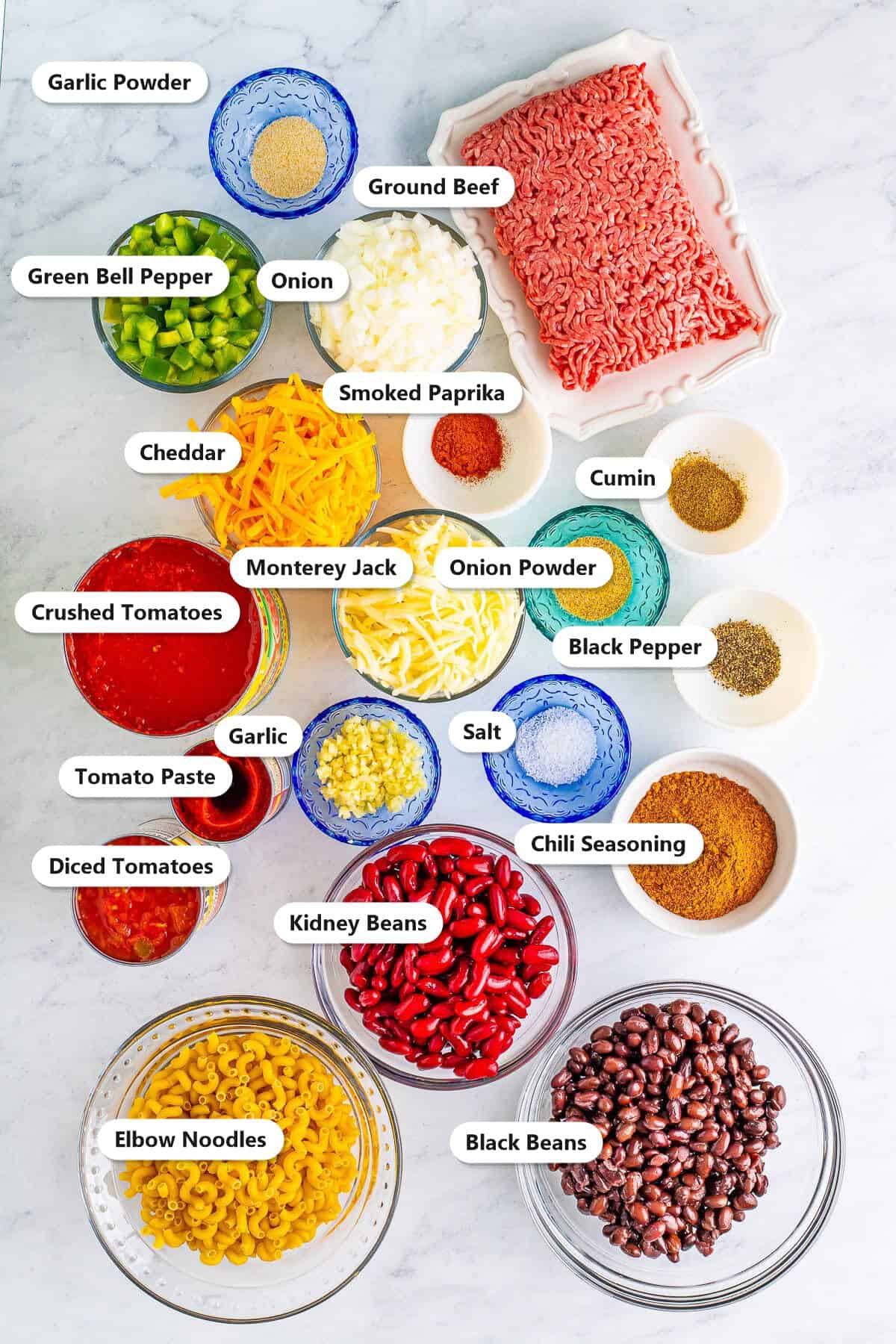 Labeled chili mac ingredients including ground beef, beans, tomatoes, elbow noodles, cheddar, Monterey Jack, and seasonings.