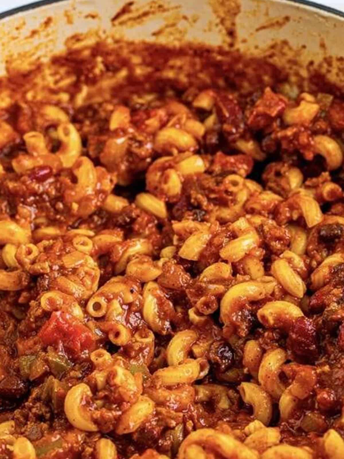 Cooked elbow noodles stirred into the simmered chili for chili mac.