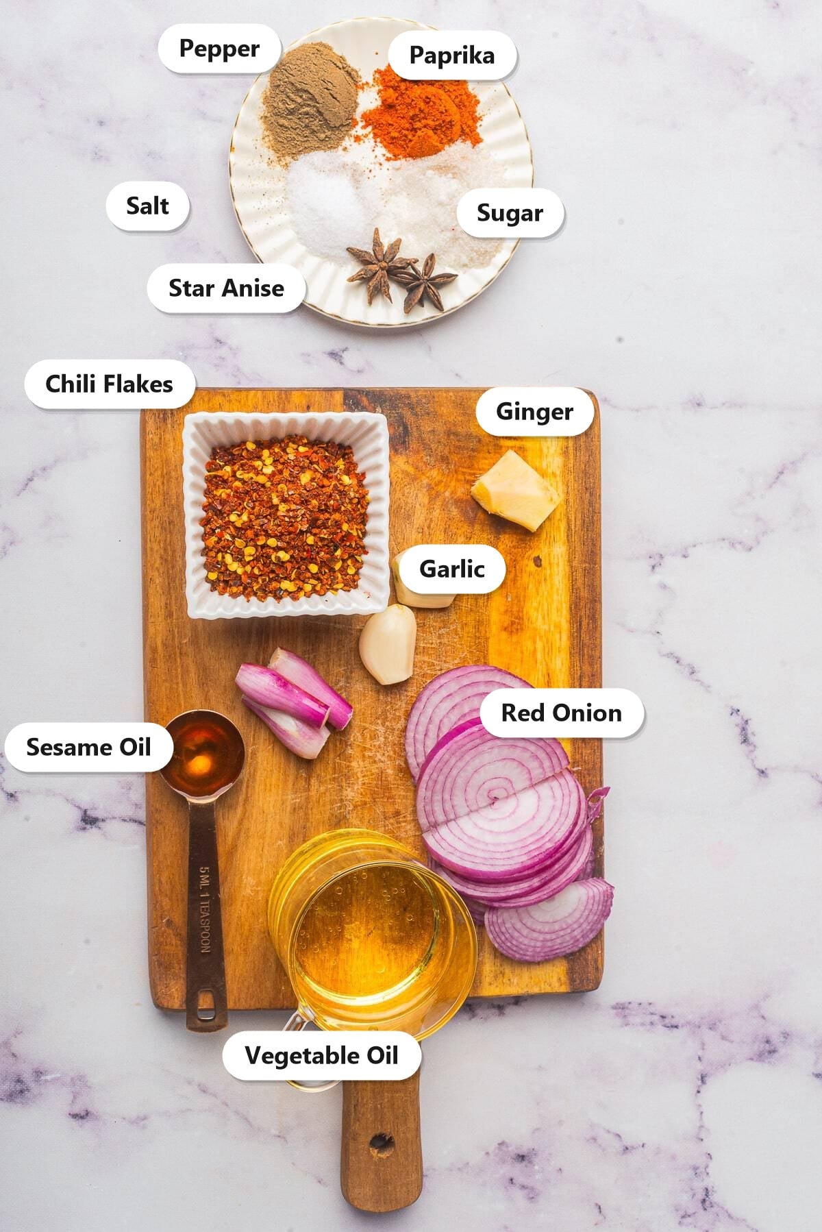 Labeled chili oil ingredients including chili flakes, paprika, pepper, salt, sugar, ginger, garlic, red onion, star anise, sesame oil, and vegetable oil.