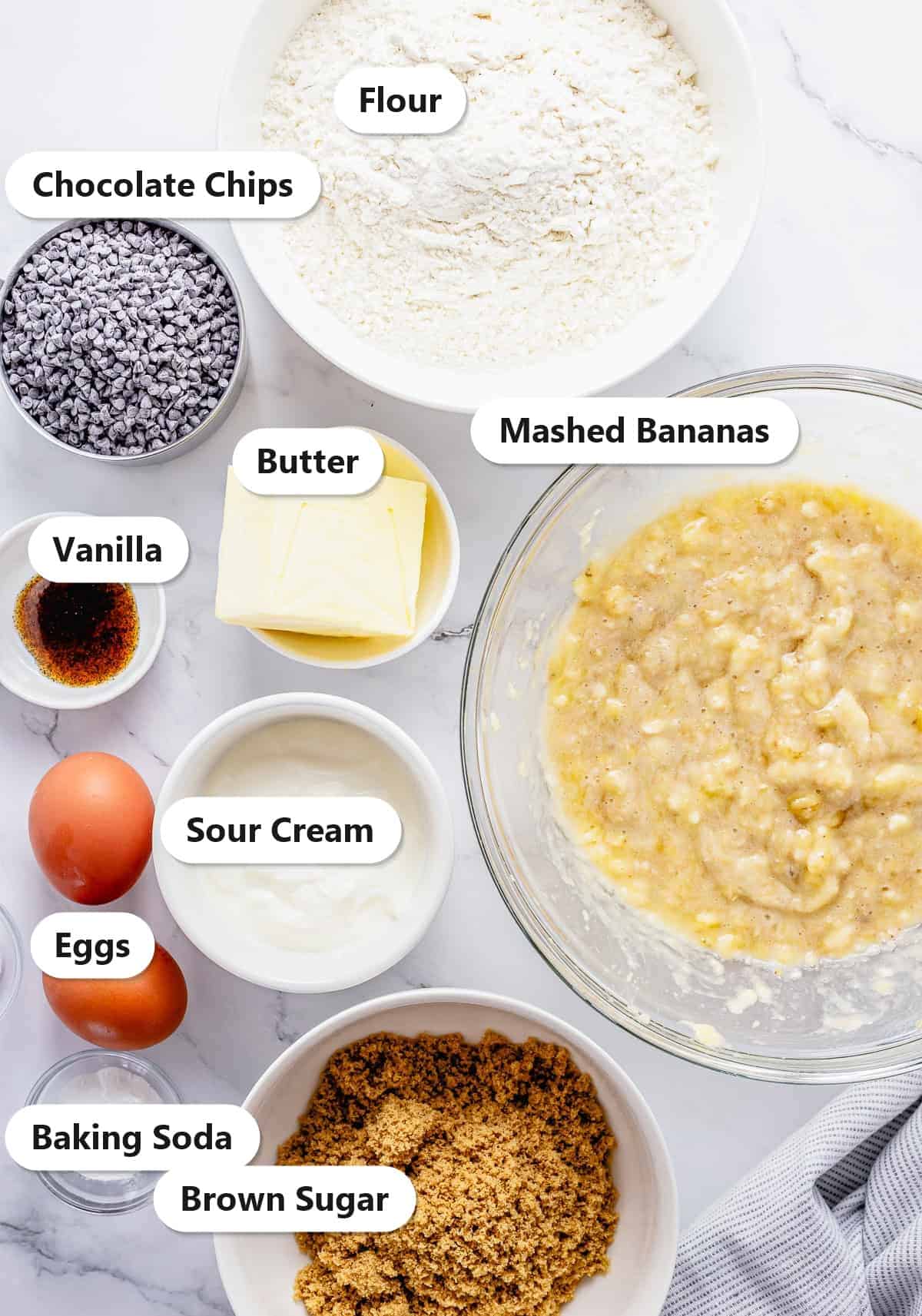 Labeled ingredients for chocolate chip banana bread including flour, chocolate chips, butter, vanilla, mashed bananas, sour cream, eggs, baking soda, and brown sugar.