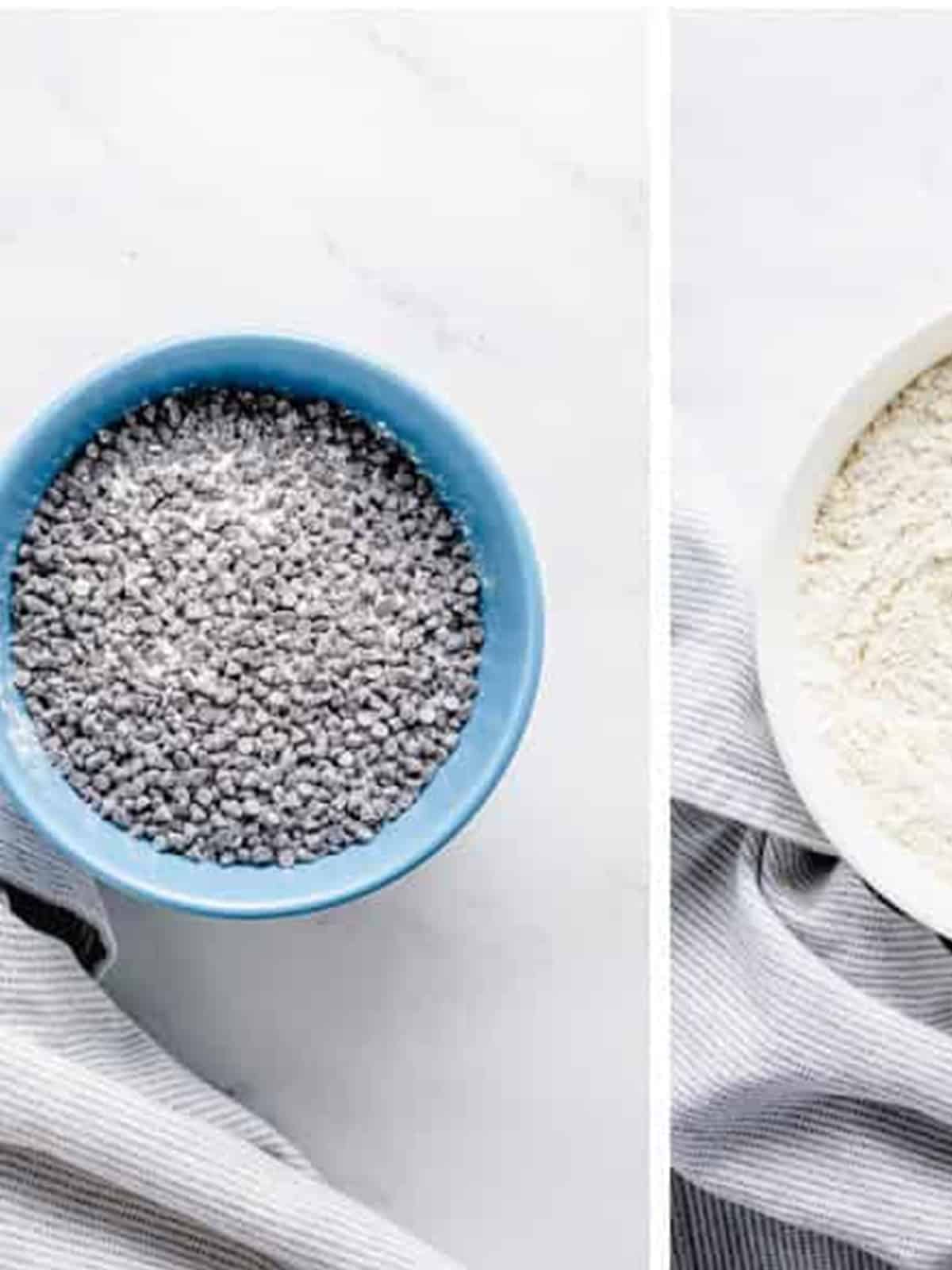 A bowl of mini chocolate chips tossed with flour next to a bowl of flour.