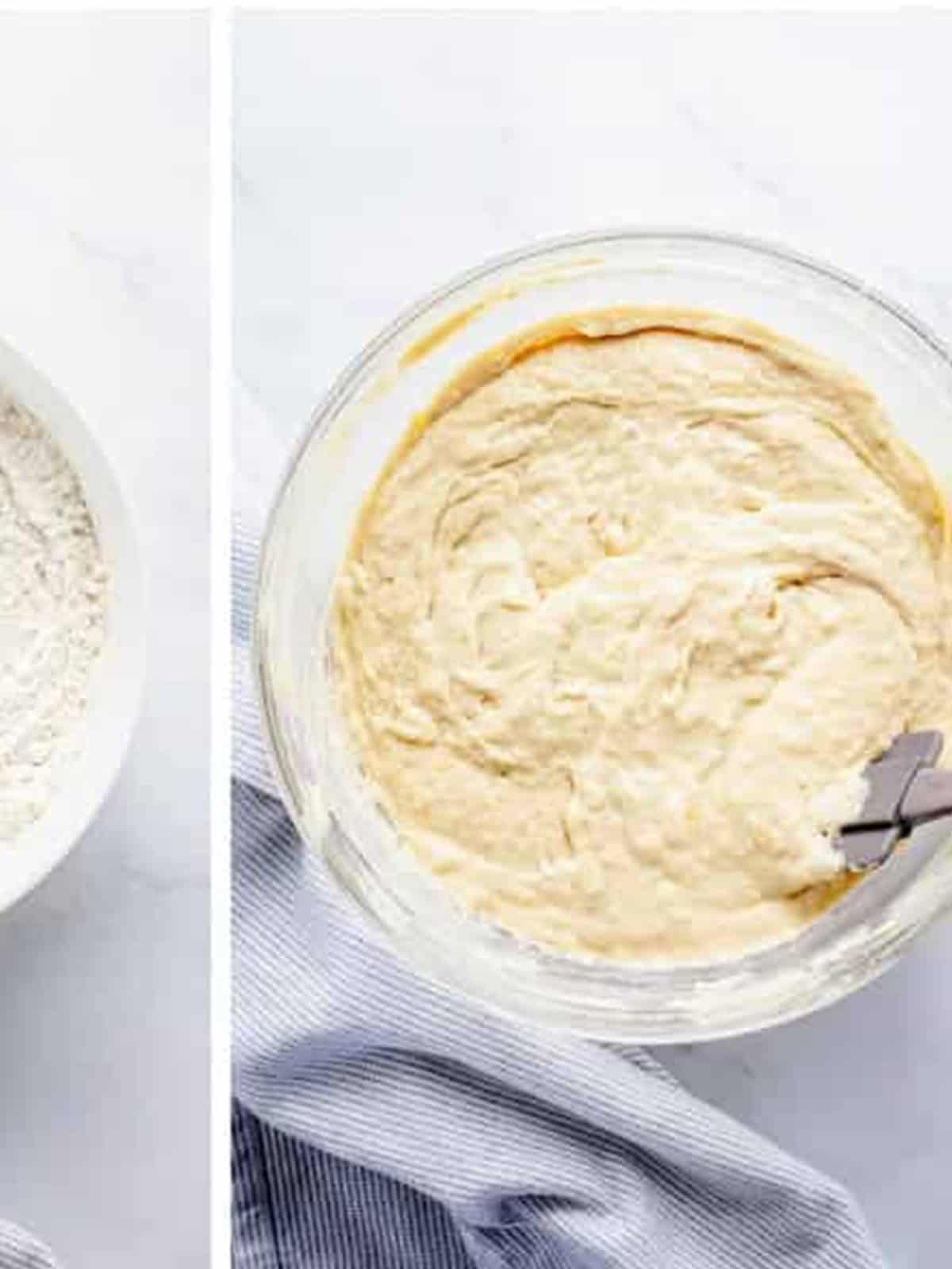 Smooth chocolate chip banana bread batter mixed together in a glass bowl.