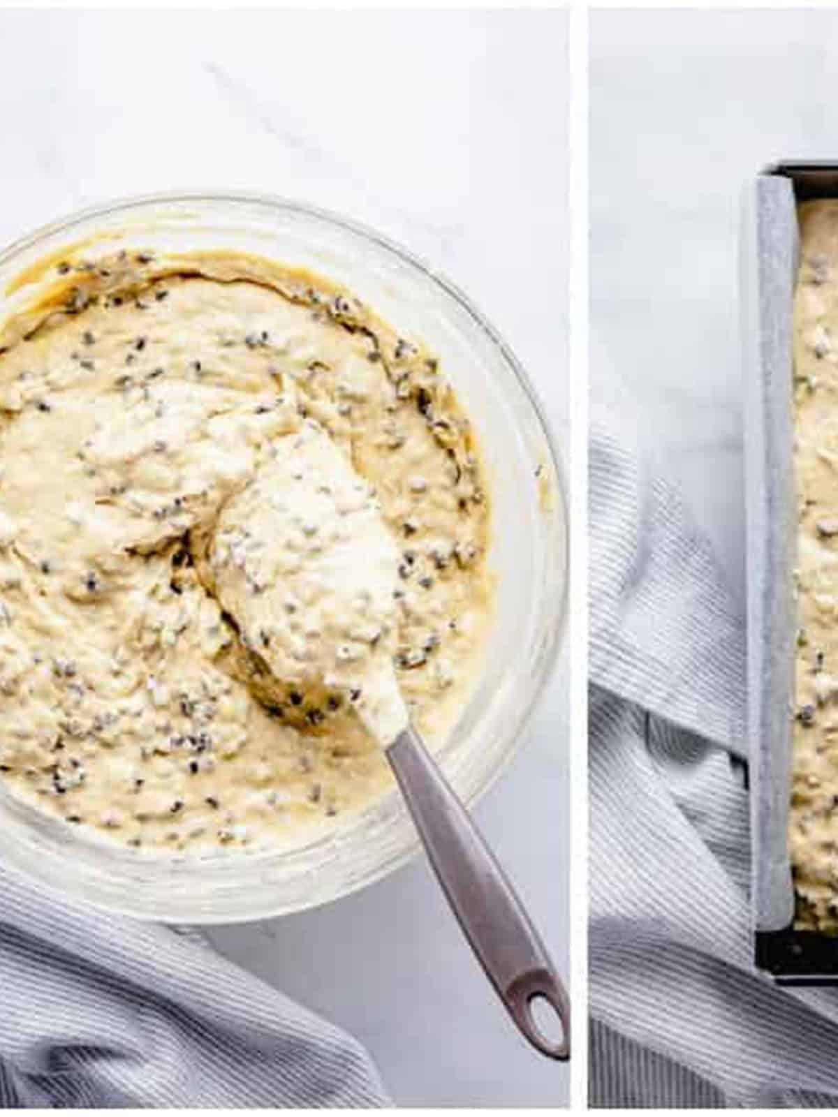 Folding mini chocolate chips into the banana bread batter with a spatula.