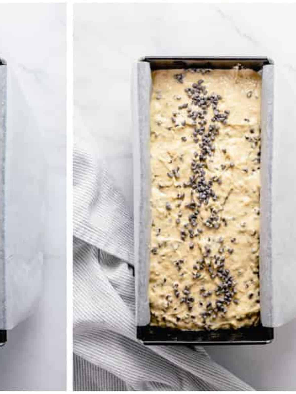 Chocolate chip banana bread batter spread into a parchment-lined loaf pan.