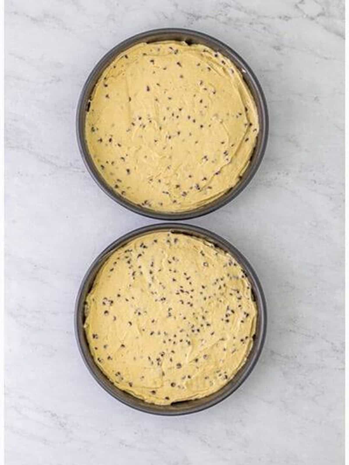 Chocolate chip cake batter divided evenly between two round cake pans.