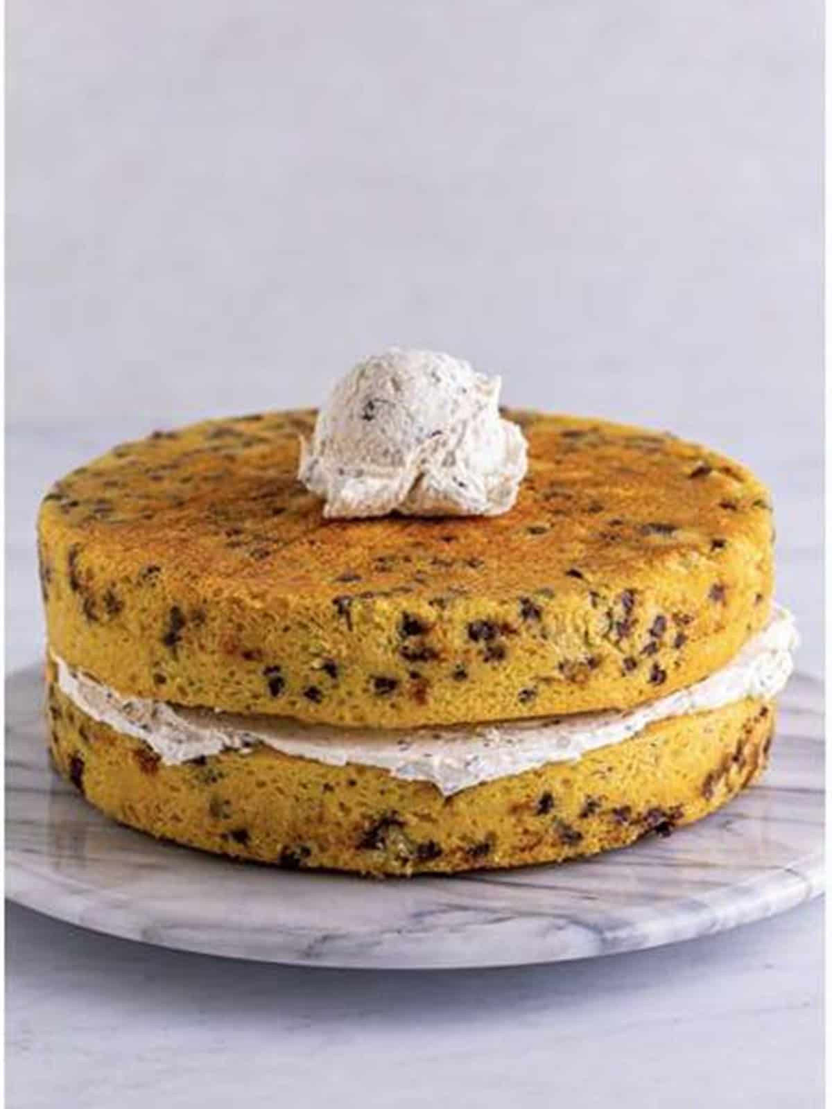 Two chocolate chip cake layers stacked with buttercream frosting in between.