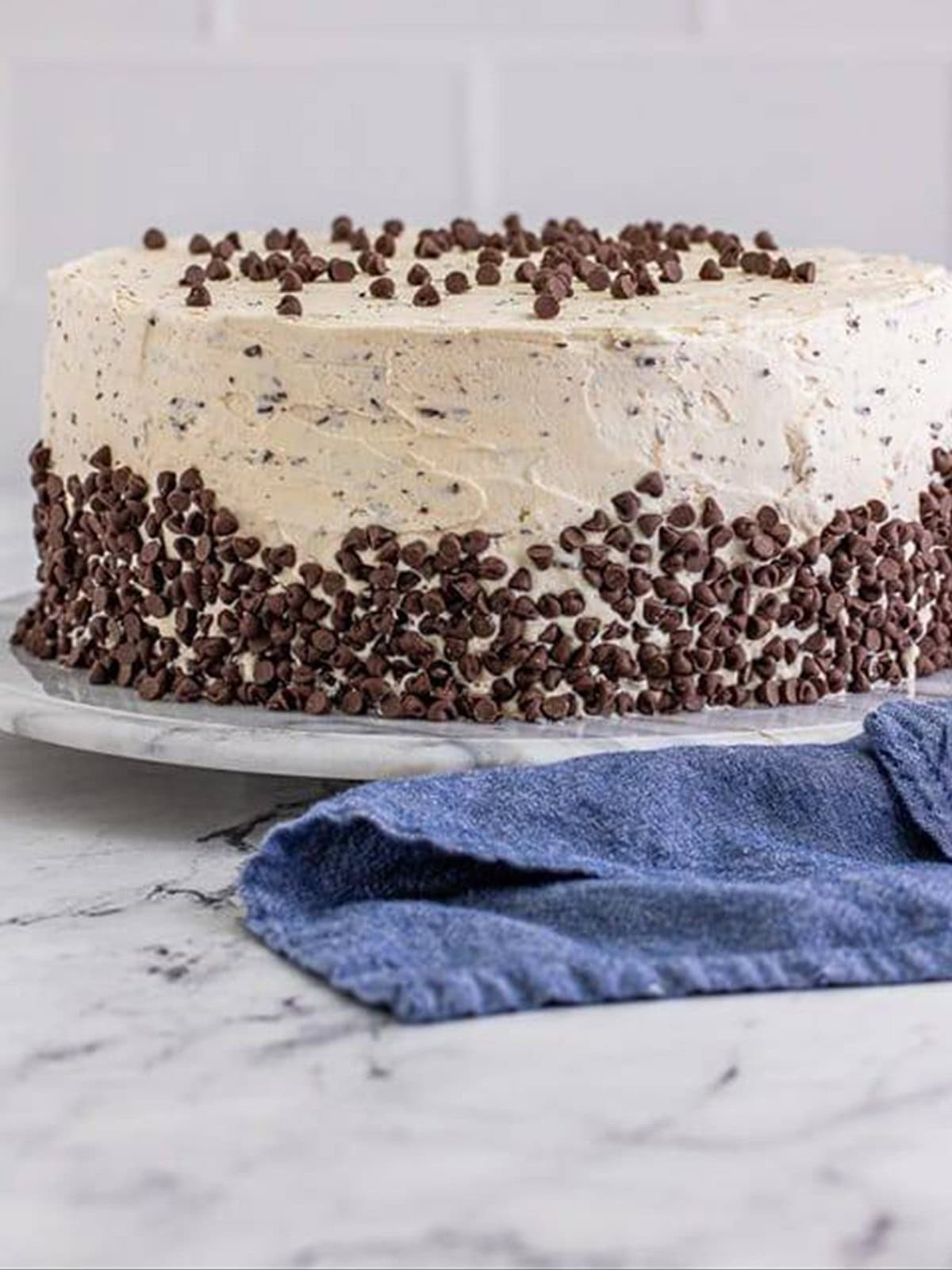 Finished frosted chocolate chip cake decorated with mini chocolate chips.