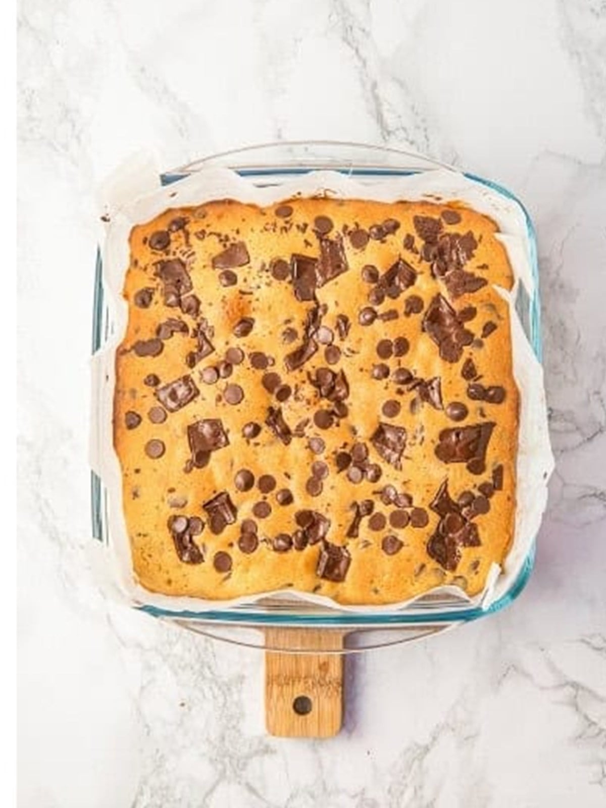 Golden baked Chocolate Chip Cookie Bars cooling in the pan.