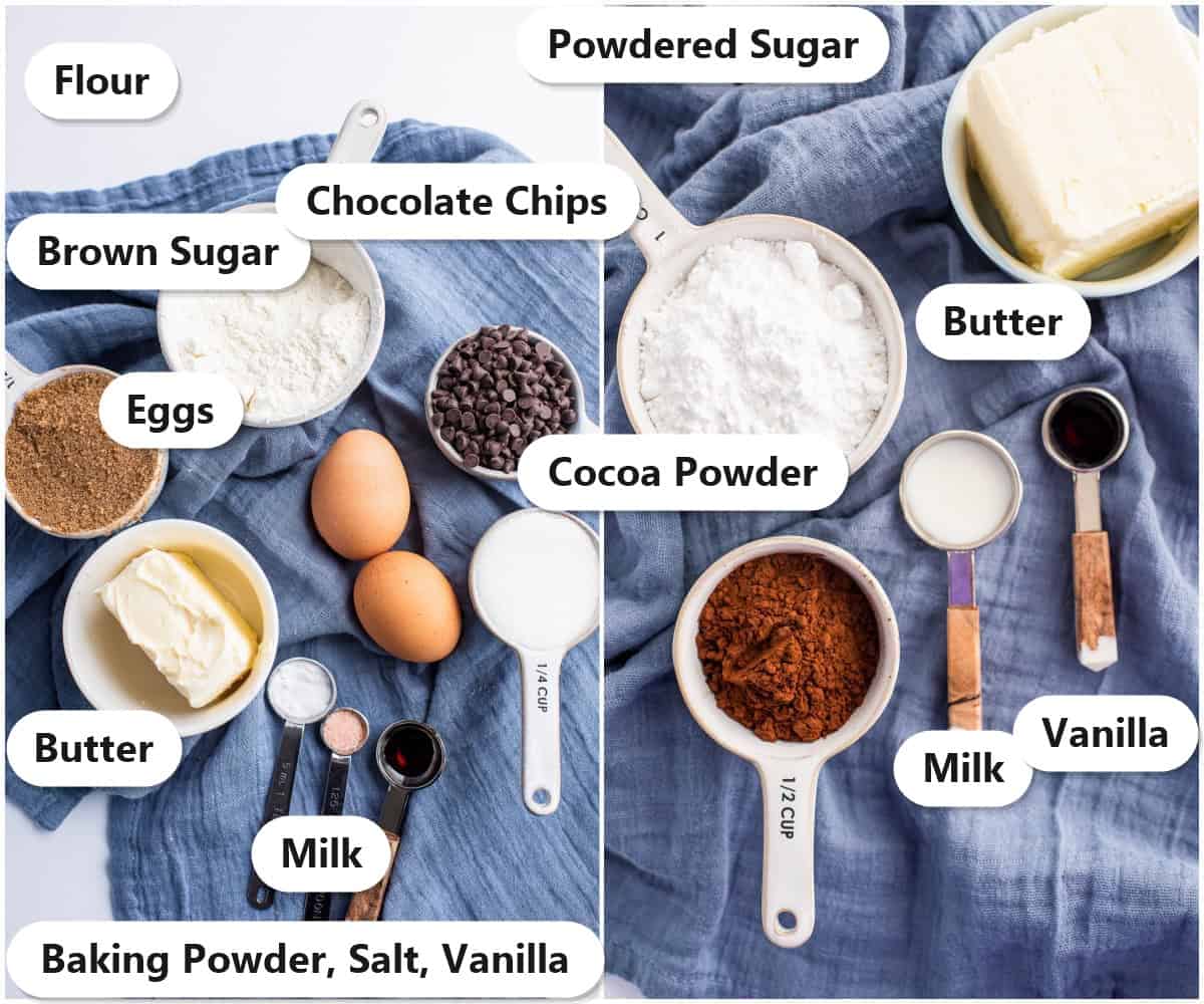 Ingredients to make Chocolate Chip Cookie Sandwiches laid out and labeled on a blue cloth.