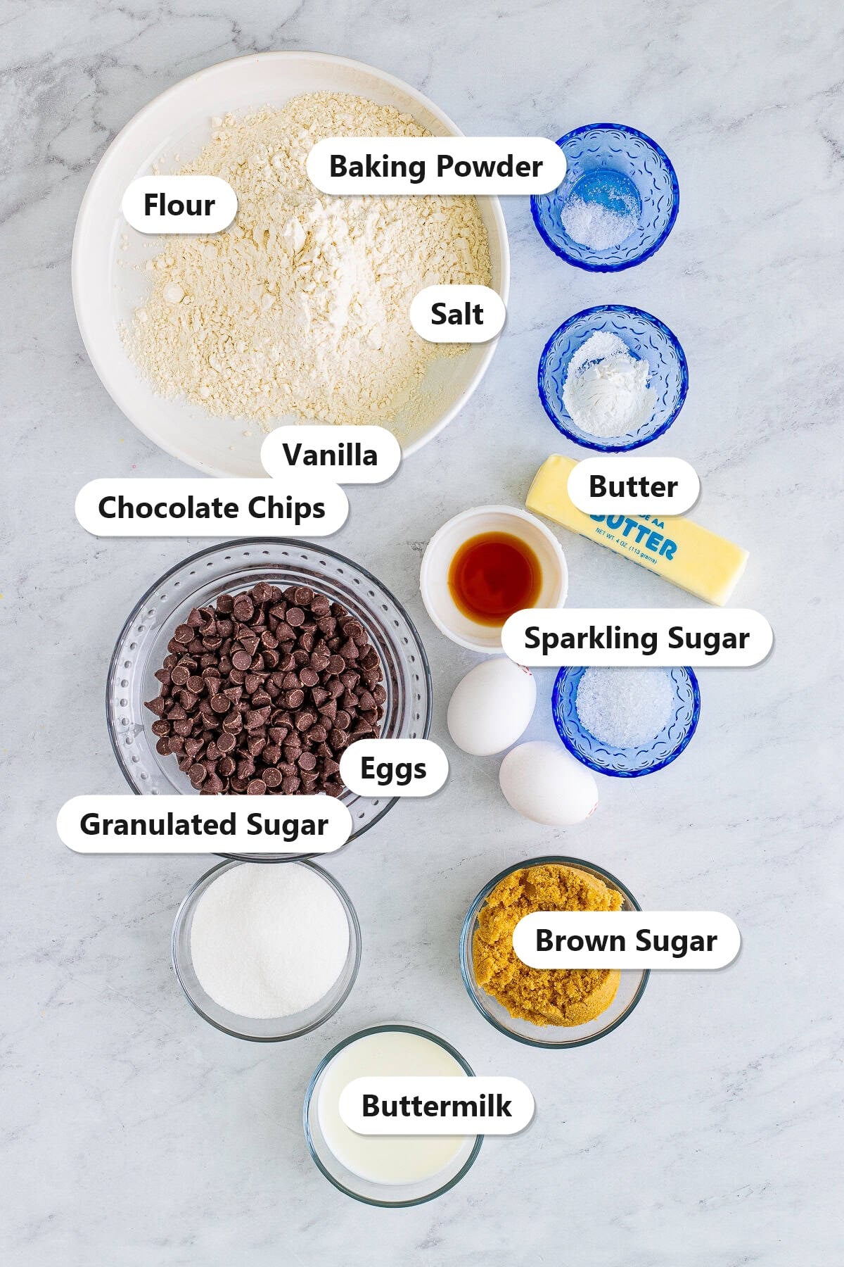 Labeled ingredients for chocolate chip muffins including flour, baking powder, salt, butter, granulated sugar, brown sugar, eggs, vanilla, buttermilk, chocolate chips, and sparkling sugar.