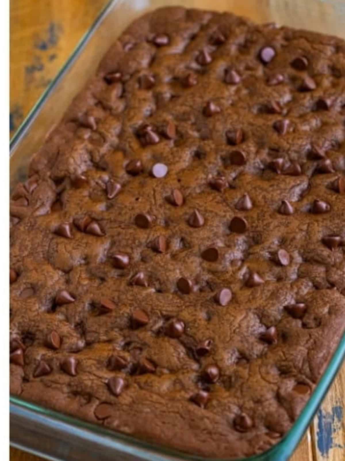 Baked double chocolate cookie bars in a 9 by 13 baking dish.