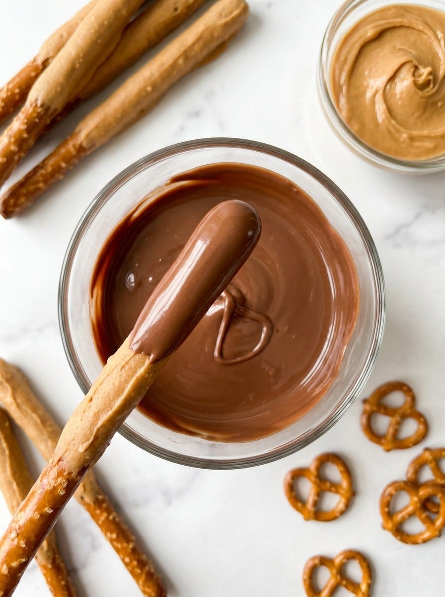 A peanut butter pretzel rod being dipped into melted milk chocolate.