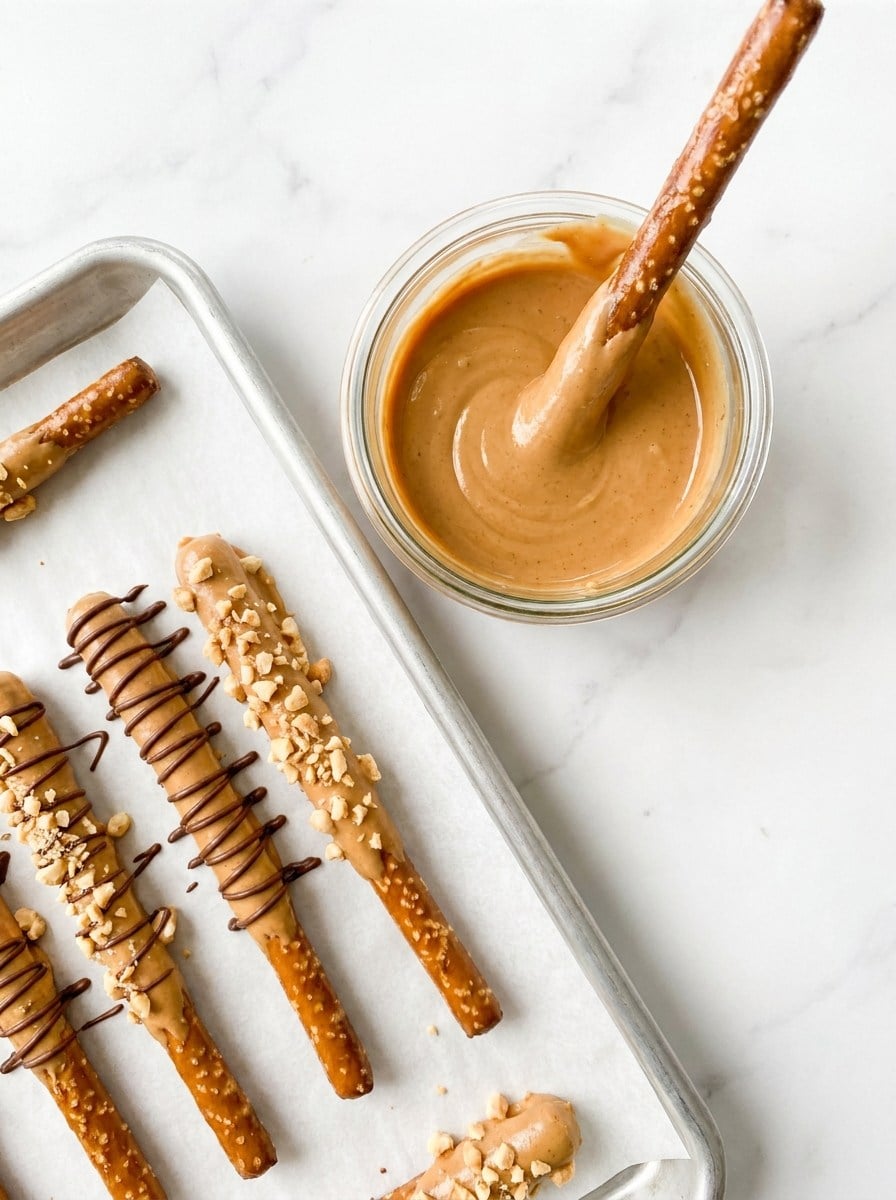 Pretzel rods being dipped into melted peanut butter for chocolate covered peanut butter pretzels.