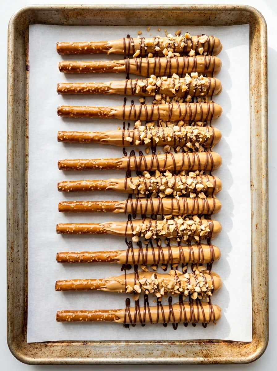 Chocolate covered peanut butter pretzels drizzled with white chocolate on parchment paper.