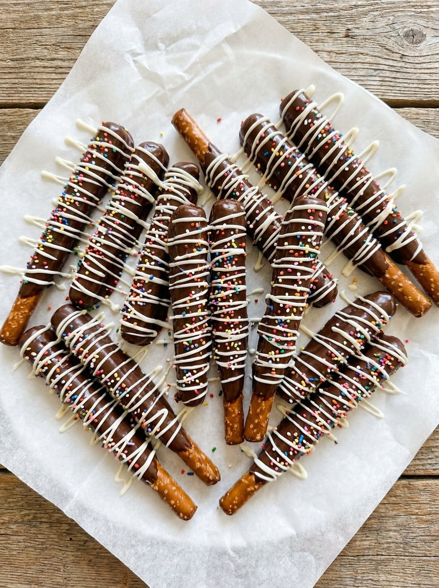 Finished chocolate covered peanut butter pretzels topped with white chocolate drizzle and sprinkles.