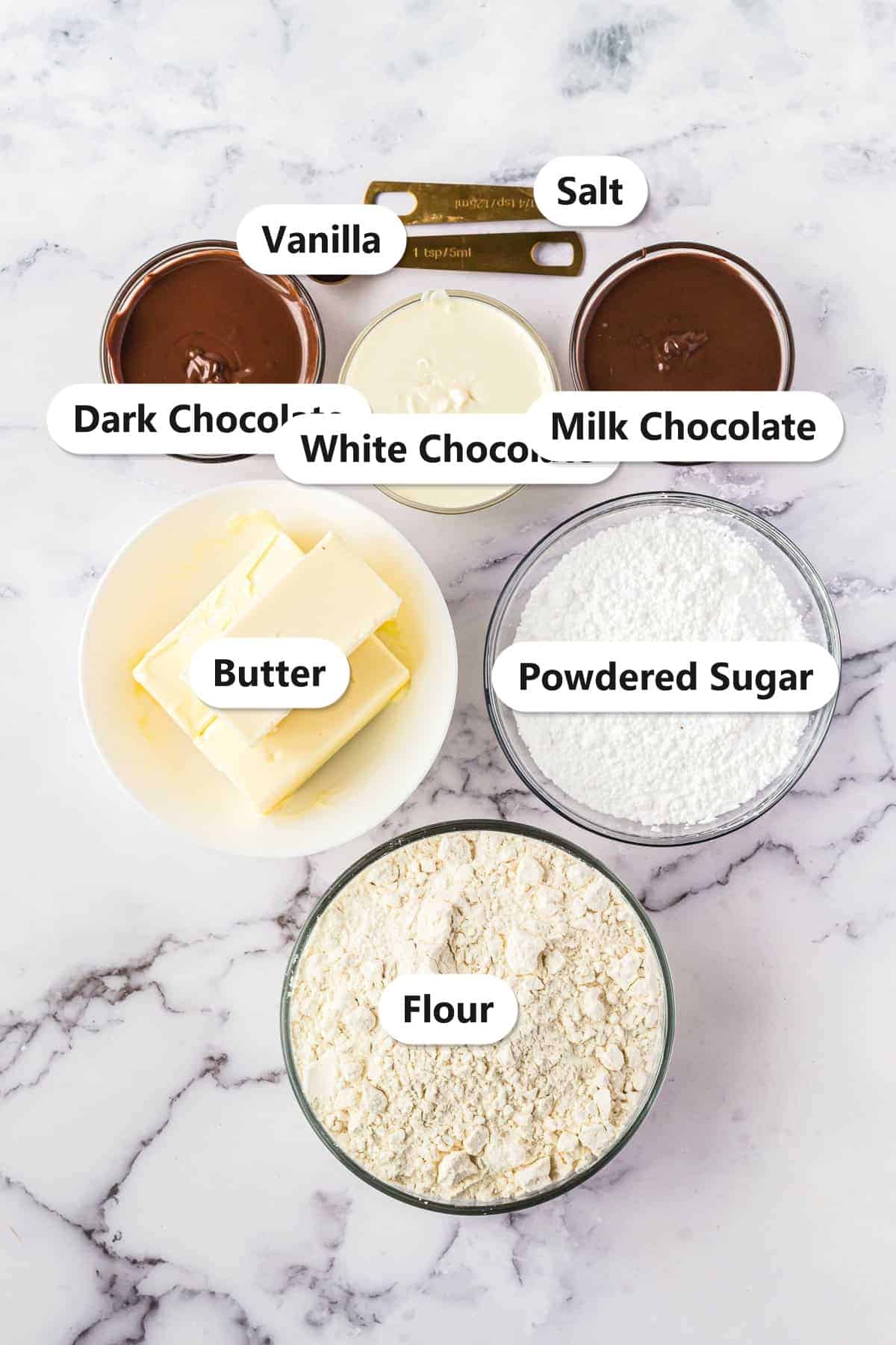 Chocolate dipped shortbread cookie ingredients labeled on marble
