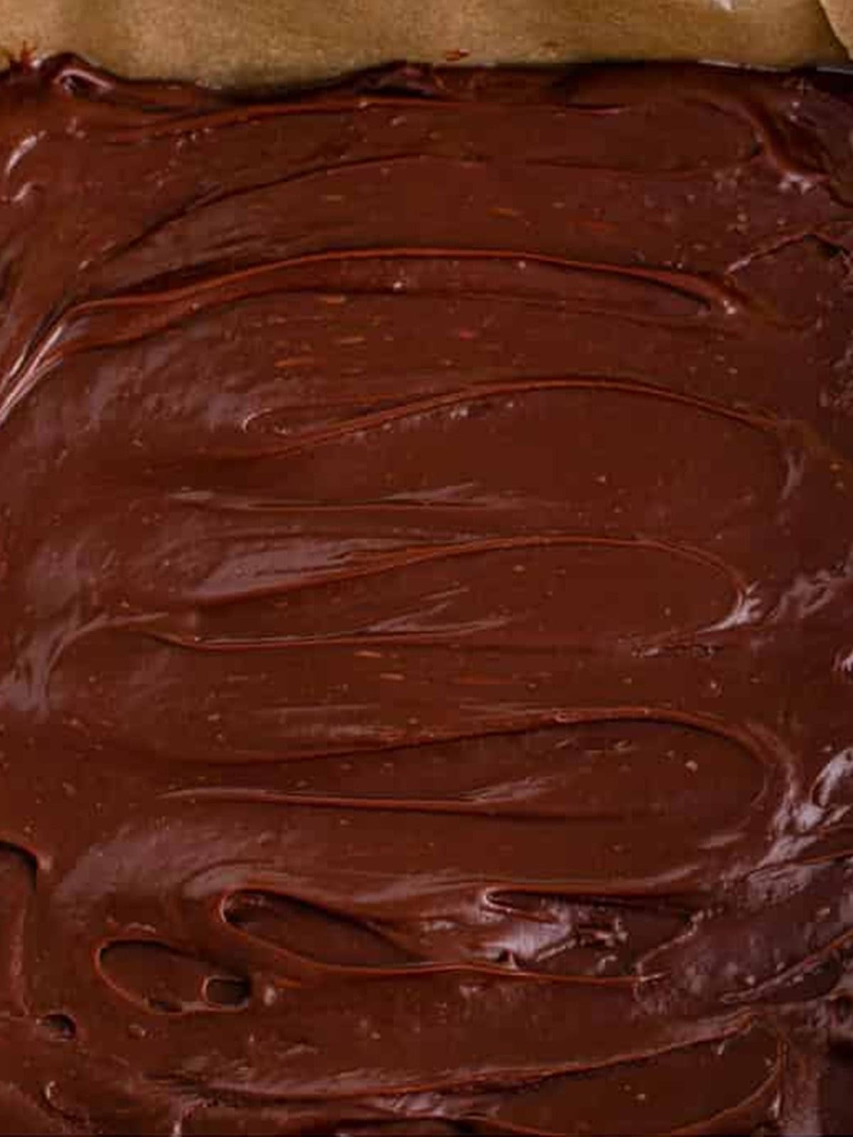 Chocolate fudge spread smooth in a parchment-lined pan.