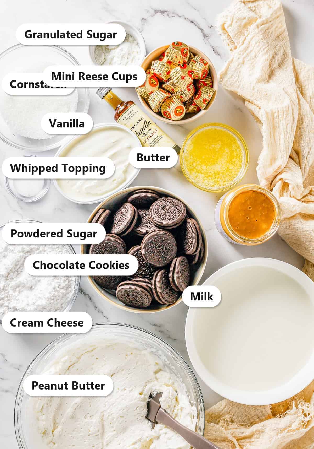 Labeled ingredients for chocolate lasagna including chocolate sandwich cookies, cream cheese, peanut butter, pudding, and Reese cups.