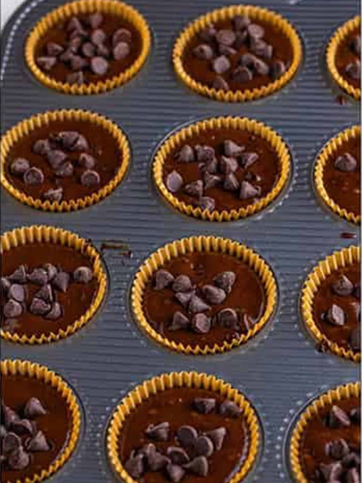 Muffin liners filled with batter and topped with extra chocolate chips.