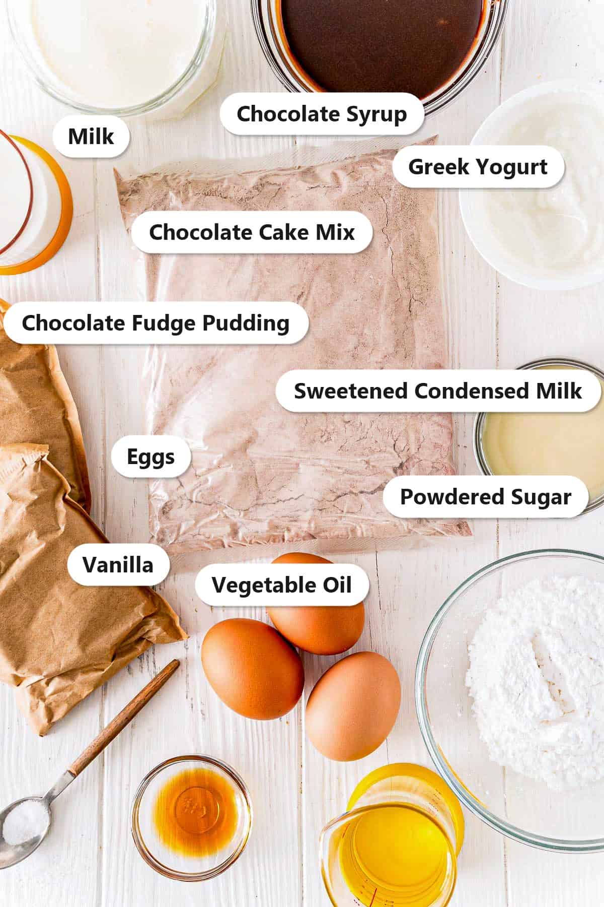 Labeled ingredients for chocolate poke cake including chocolate cake mix, chocolate fudge pudding, chocolate syrup, sweetened condensed milk, greek yogurt, milk, eggs, vegetable oil, vanilla, and powdered sugar.