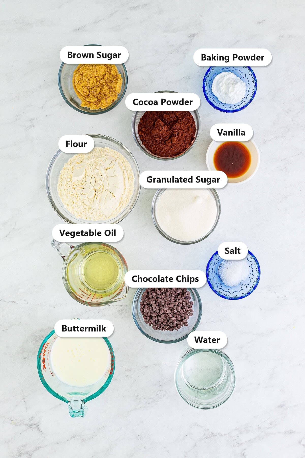 Labeled ingredients for chocolate pudding cake including flour, cocoa powder, granulated sugar, brown sugar, buttermilk, vegetable oil, vanilla, chocolate chips, baking powder, and salt.