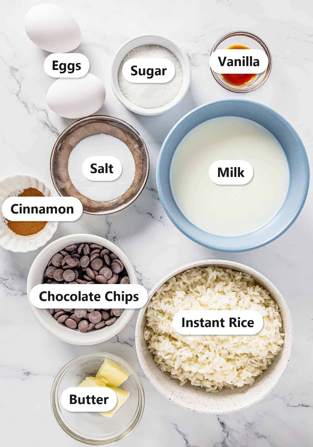 Labeled ingredients needed to make chocolate rice pudding.