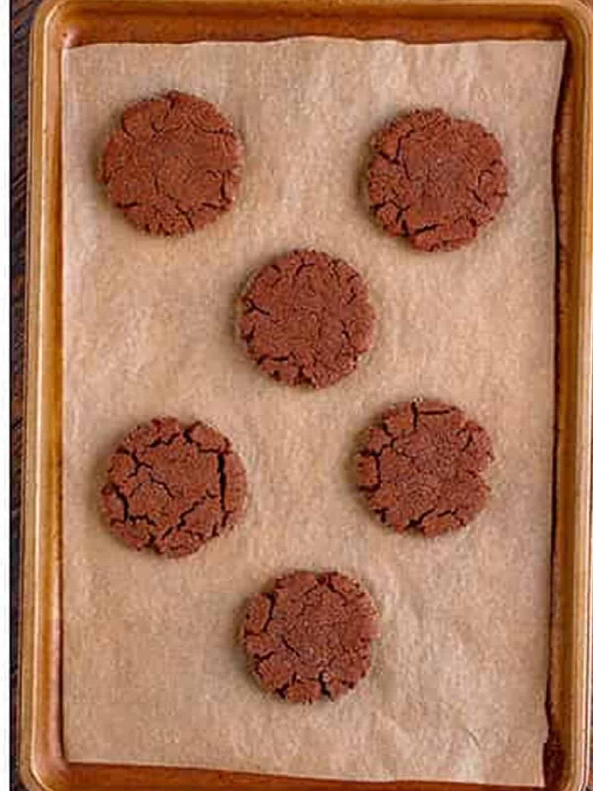 Flattened chocolate sugar cookies on a parchment lined baking sheet ready to bake.