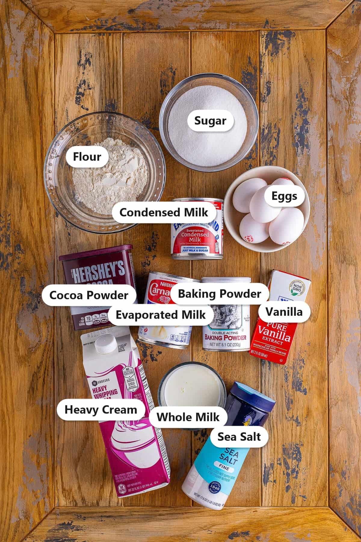 Labeled ingredients for chocolate tres leches cake including flour, cocoa, eggs, condensed milk, evaporated milk, and heavy cream.