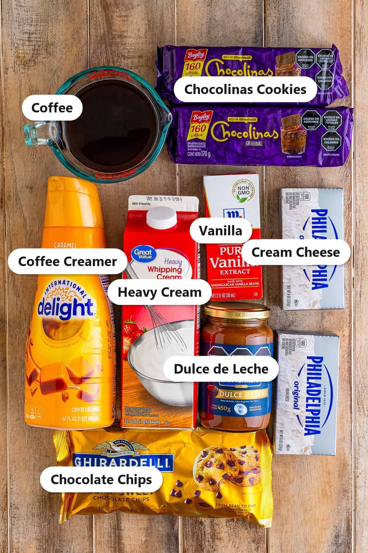 Labeled ingredients for chocotorta including Chocolinas cookies, dulce de leche, cream cheese, coffee, and chocolate chips.