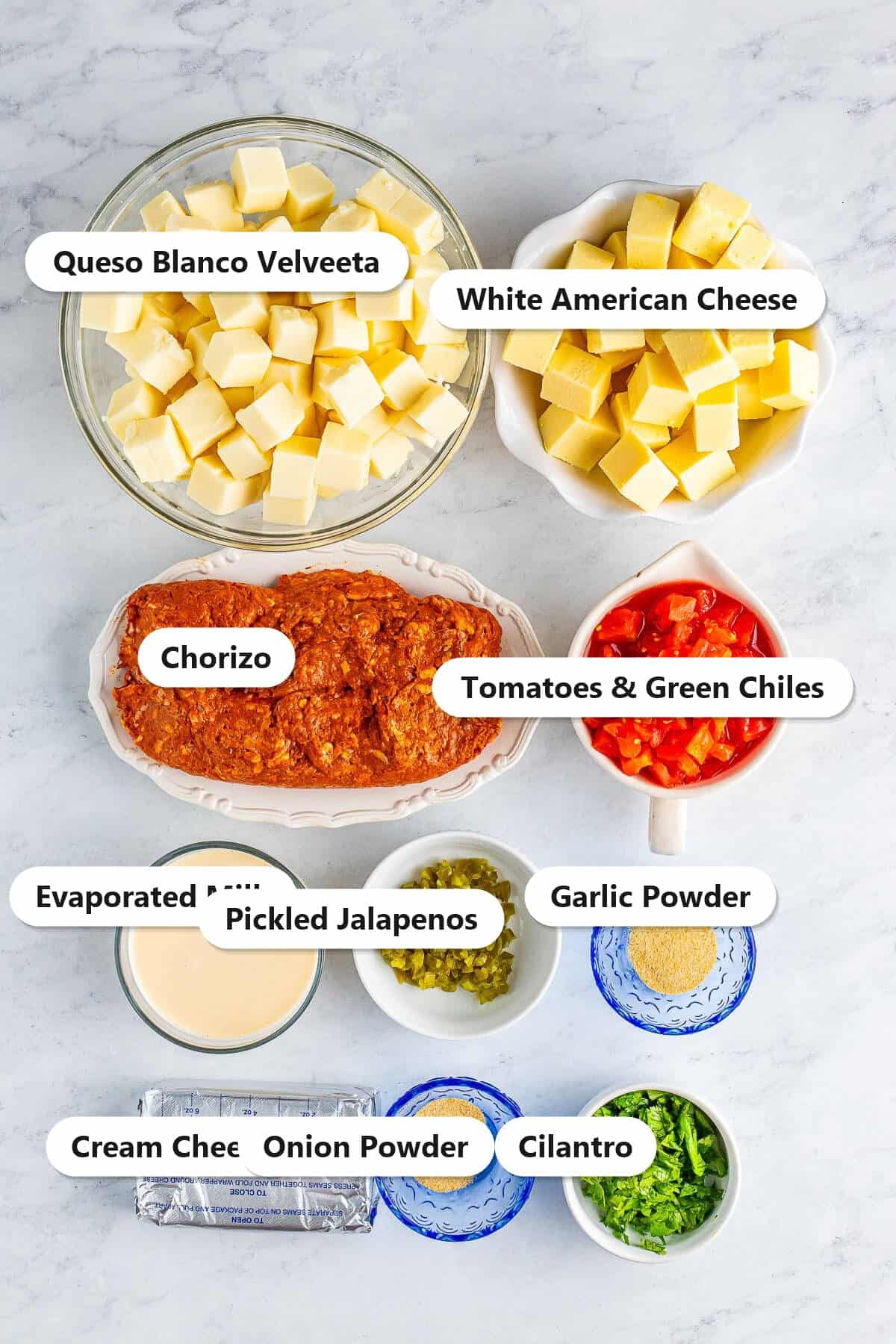 Labeled ingredients for crock pot queso dip with chorizo including ground chorizo, queso blanco Velveeta, white American cheese, cream cheese, tomatoes with green chiles, evaporated milk, pickled jalapenos, garlic powder, onion powder, and cilantro.
