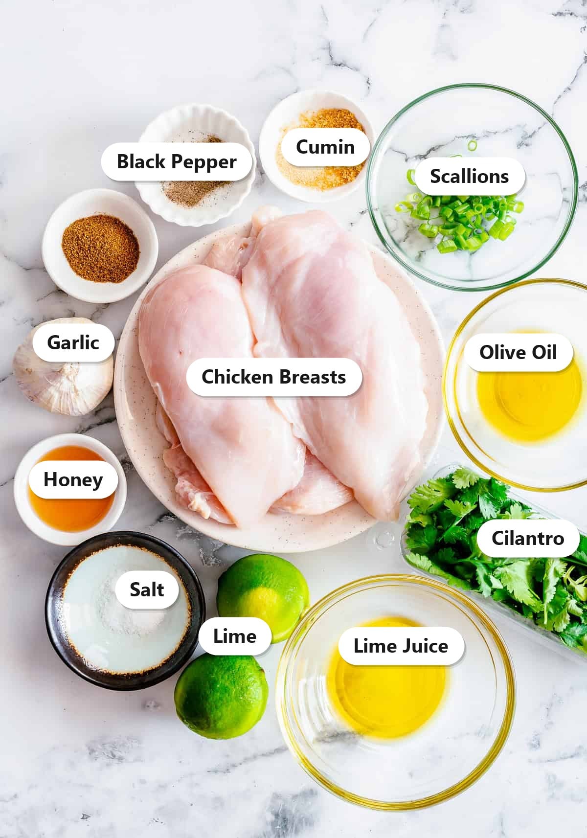 Ingredients for cilantro lime chicken including chicken breasts, cilantro, scallions, garlic, lime, cumin, honey, olive oil, salt, and black pepper.