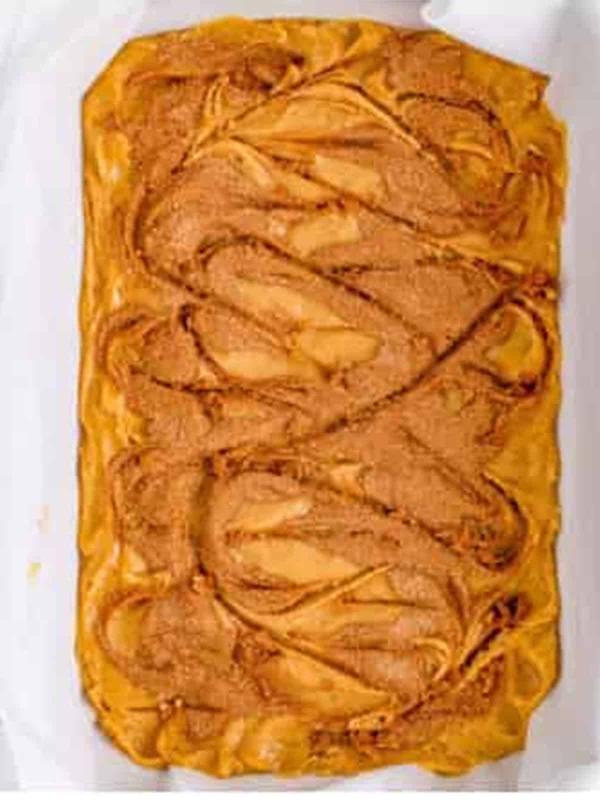 Cinnamon sugar swirled into the blondie batter with a knife.