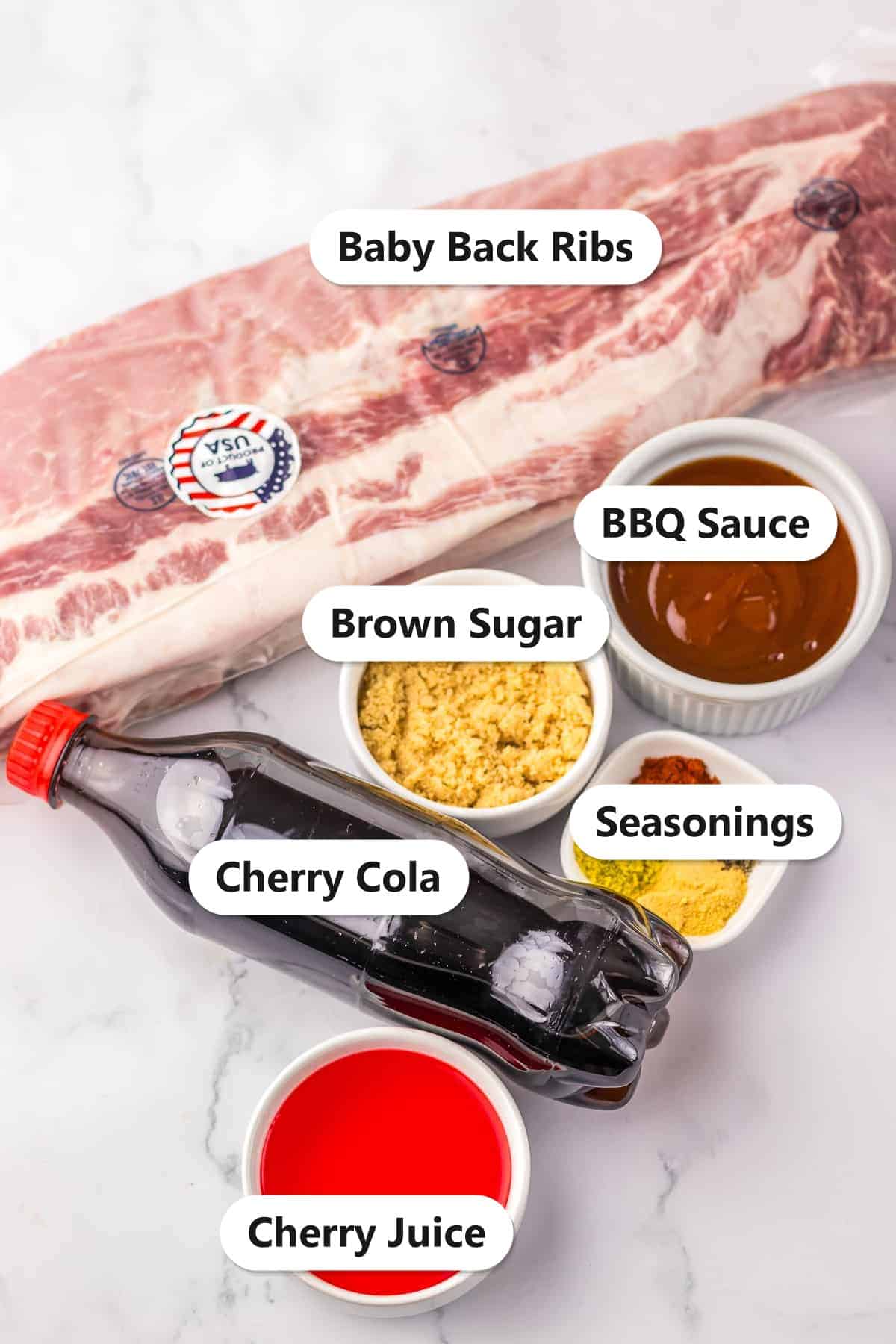 Labeled ingredients to make slow cooker Coca-Cola ribs.