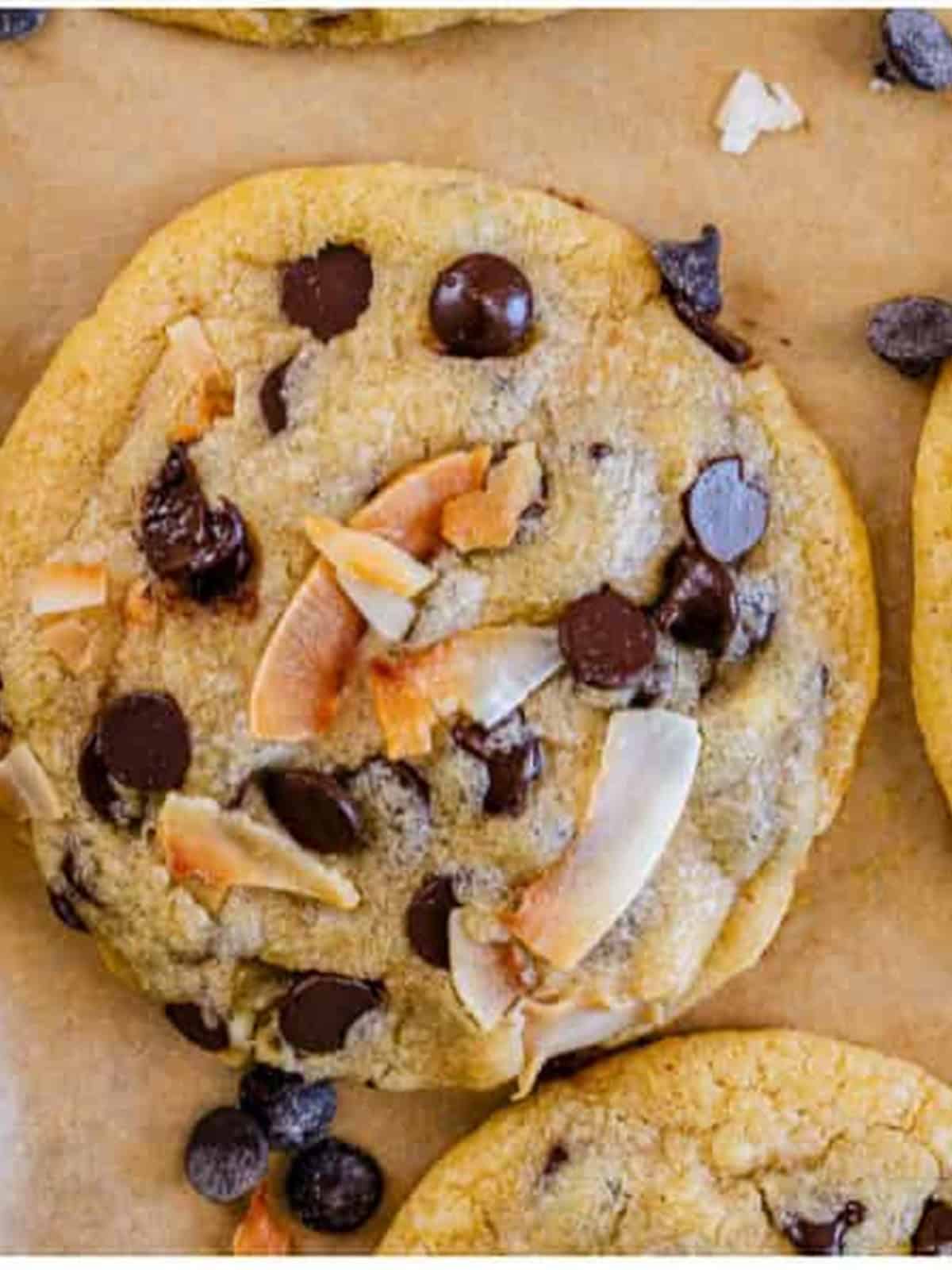 Baked coconut chocolate chip cookies with melty chocolate and toasted coconut.