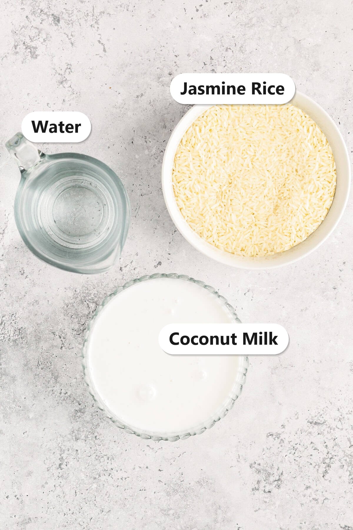 Labeled ingredients for coconut rice including jasmine rice, water, and coconut milk.