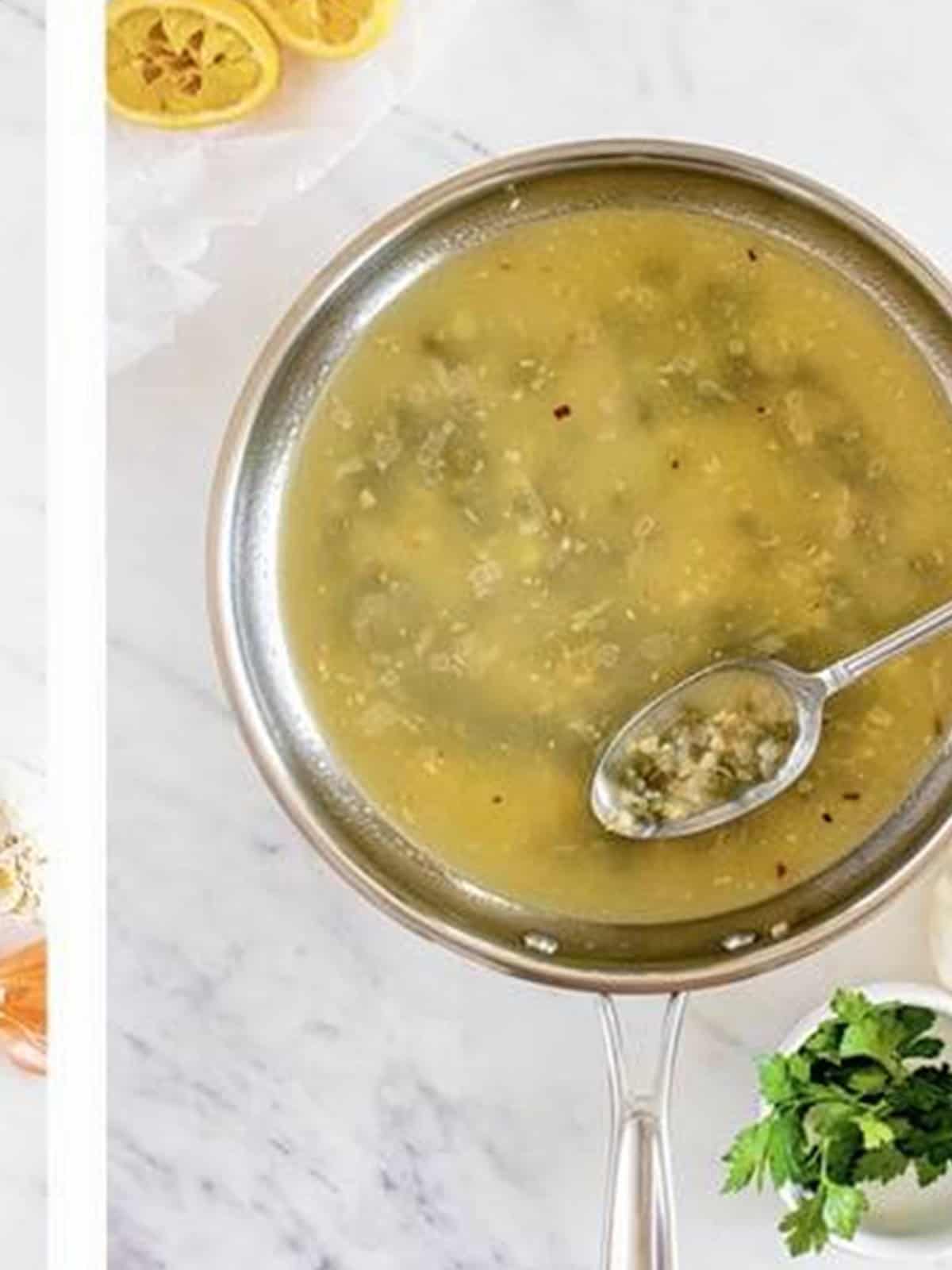 Chicken broth, lemon, and capers simmered into a piccata pan sauce.