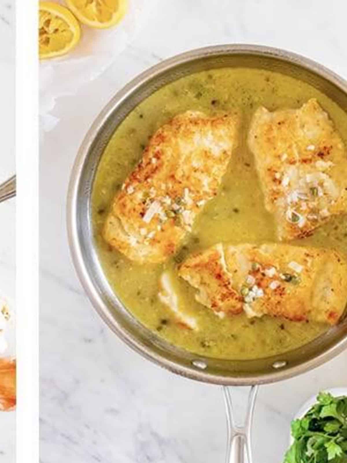 Cod fillets returned to the skillet and spooned with lemon caper piccata sauce.