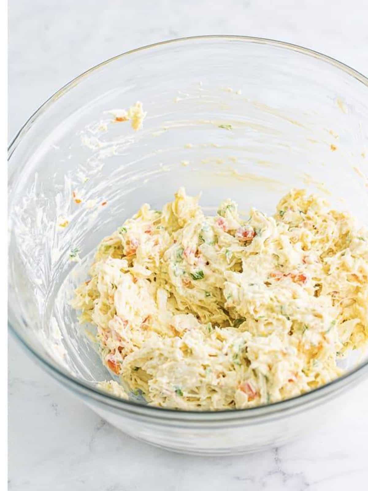 Finished cold crab dip recipe mixed and ready to chill.