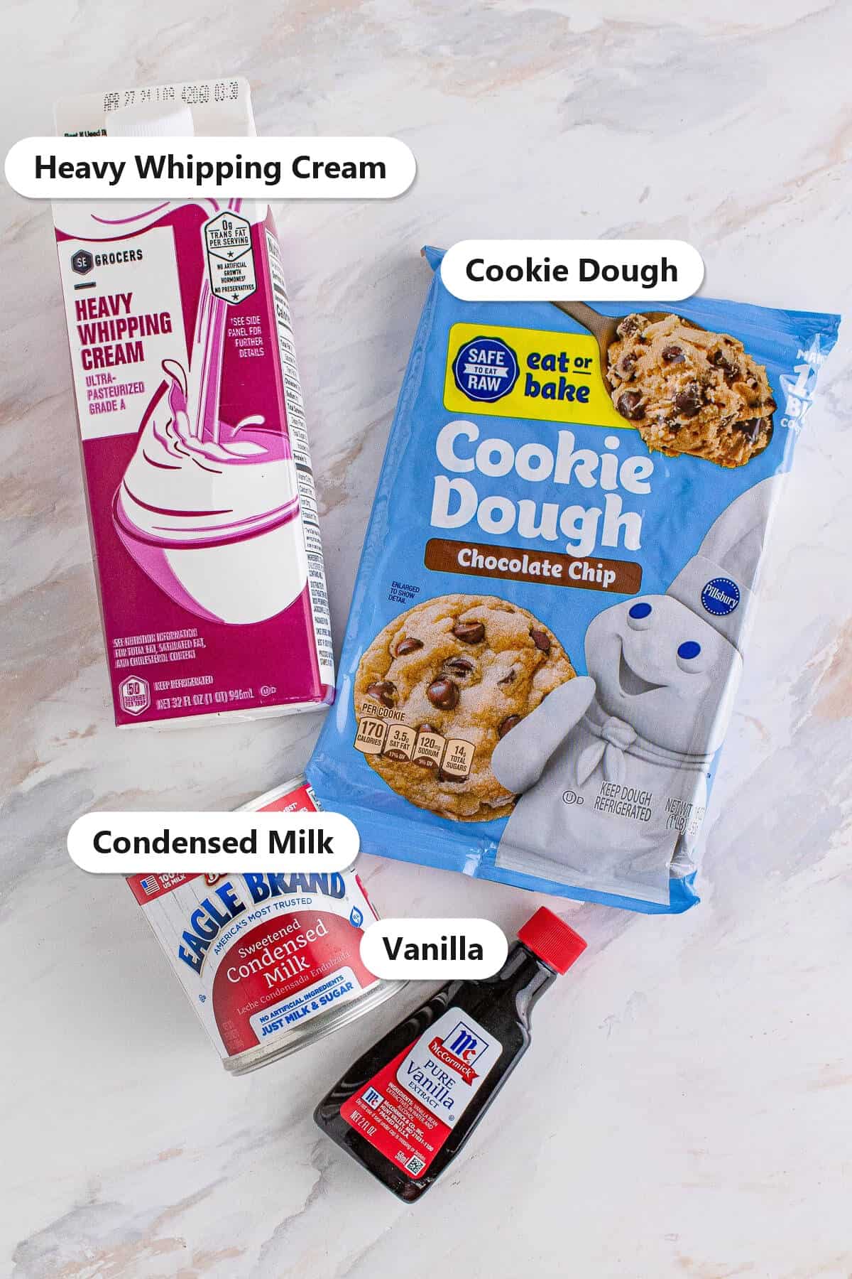 Labeled ingredients for no churn cookie dough ice cream including heavy whipping cream, edible cookie dough, sweetened condensed milk, and vanilla.