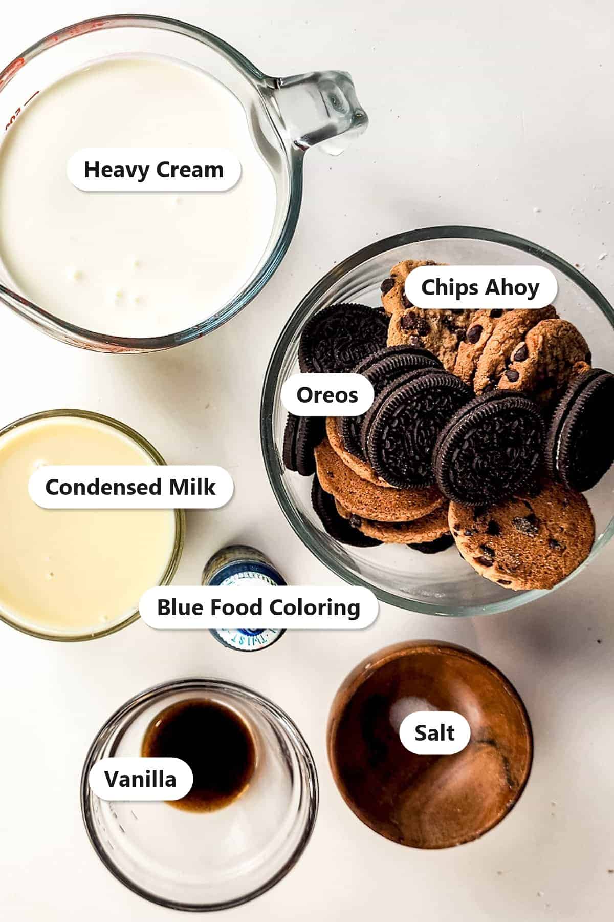 Labeled ingredients for cookie monster ice cream including heavy cream, sweetened condensed milk, vanilla, salt, blue food coloring, Oreos, and Chips Ahoy cookies.